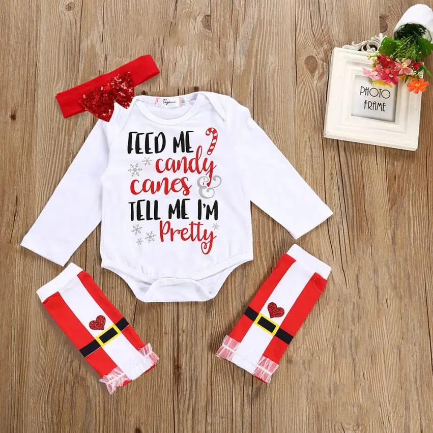 

Newborn Infant Baby Girls Letter Romper Tops+Leg Warmer bow headband baby decoration Christmas Outfits Set July28