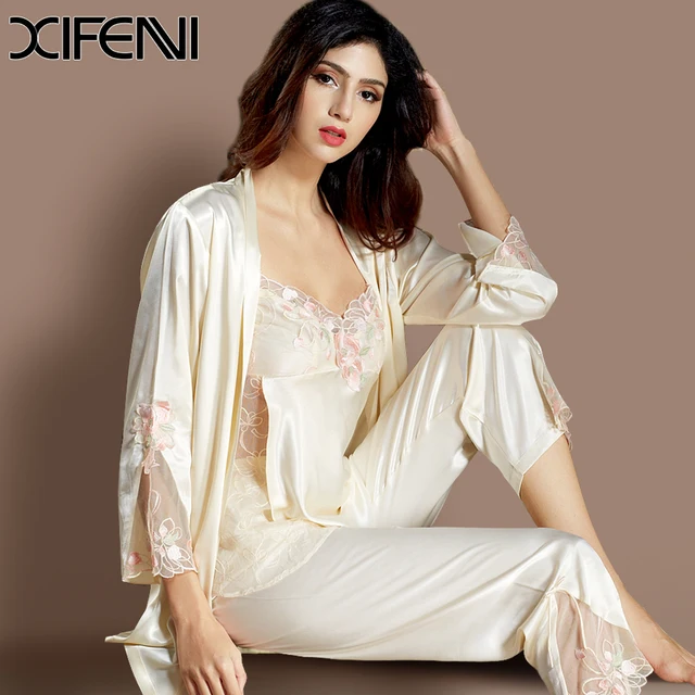 XIFENNI Solid Silk Womens Pyjamas Set 3 pcs Lace Sleepwear