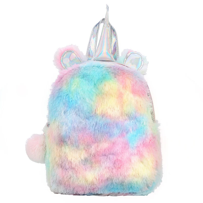 

New 2019 Women Mini Unicorn Backpack Bag Winter Faux Fur Small Bagpacks Hologram PU Leather Teenager Schoolbag Mochila Feminina