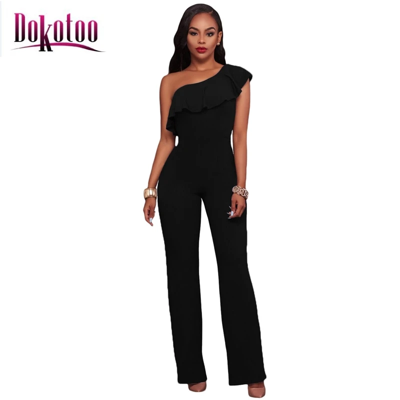 Dokotoo macacao feminino 2017 summer rompers long Navy Blue One Shoulder Ruffle Jumpsuit LC64264 ...