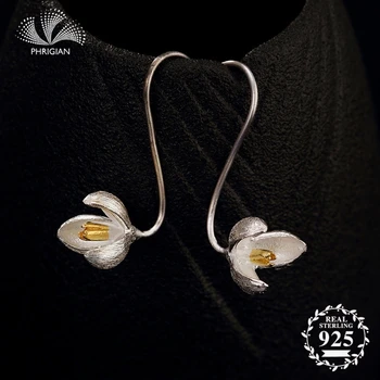 

NOT FAKE S925 Fine Jewelry Earrings 925 Sterling Silver Women Handmade Vintage Nature Retro Exquisite lily blossom gold color