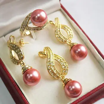 

Jewelry 001229 AAA 12mm Pink Shell Pearl Pendant Necklace Earrings Ring Set