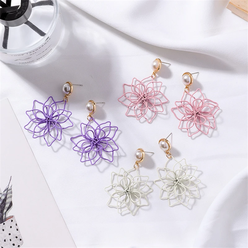 

New Fashion Korean Handmade Jewelry Hollow Metal Flower Big Drop Earrings For Women Gift Personality Pendientes Brincos Bijoux