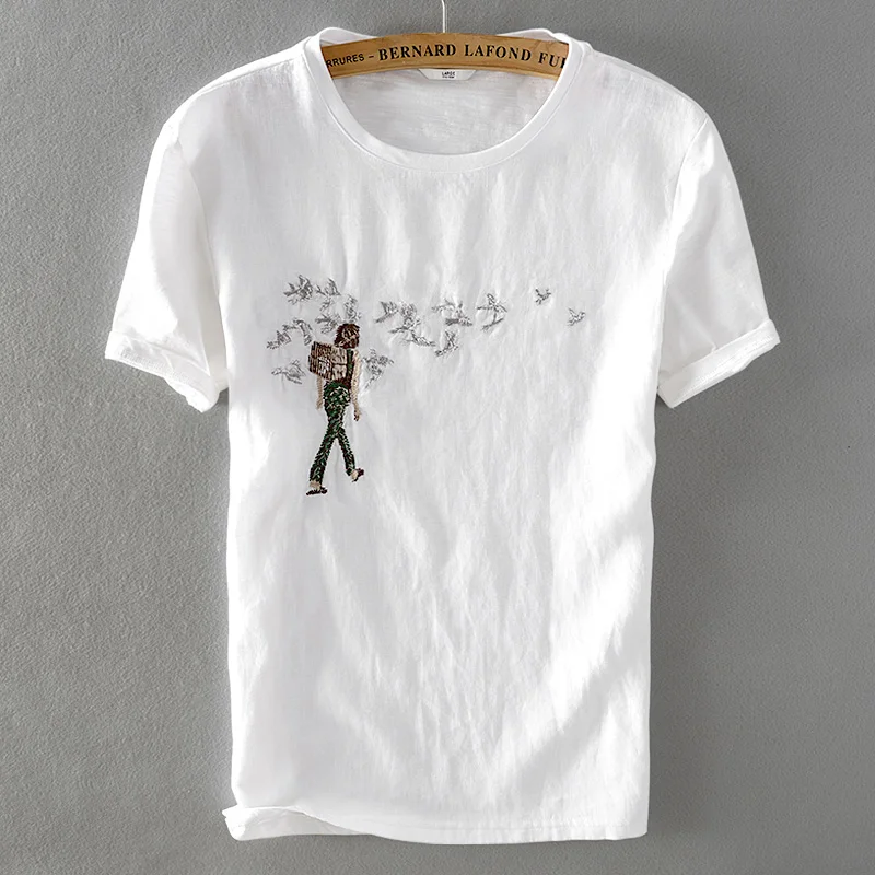 

2018 Summer linen embroidered short-sleeved t-shirt men cotton and flax stitching loose t shirt mens fashion comfortable tshirt