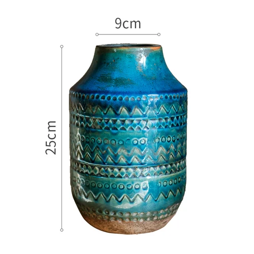 Креативная синяя керамическая ваза в скандинавском стиле с геометрическим узором, ретро ручная ваза для цветов, украшение дома, фляга в этническом стиле - Цвет: L