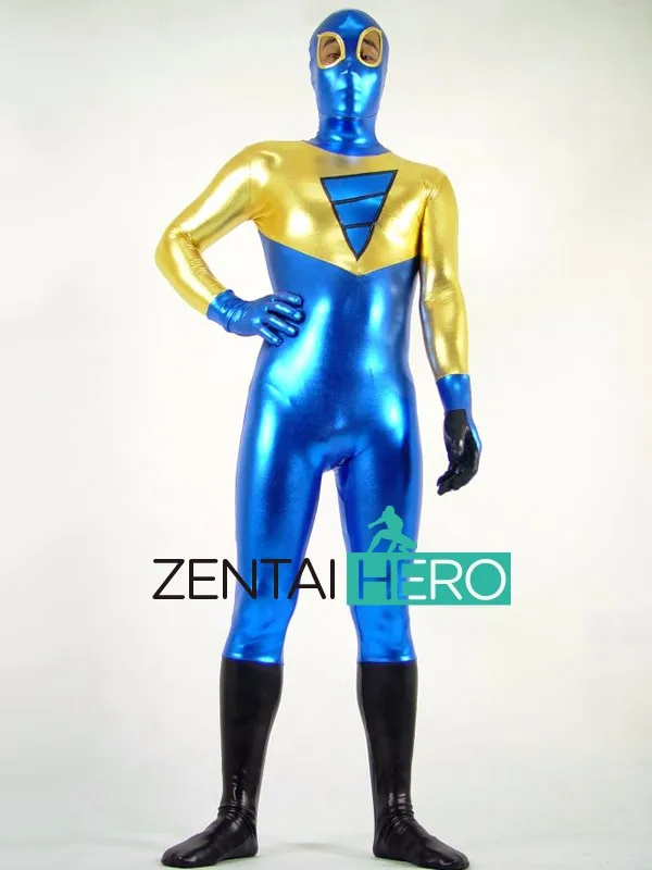 Free Shipping DHL Sexy Costume Blue And Gold Mulitcolor Shiny Metallic Full Body Zentai Suit for Men With Eyes Open AXPS021 (1)