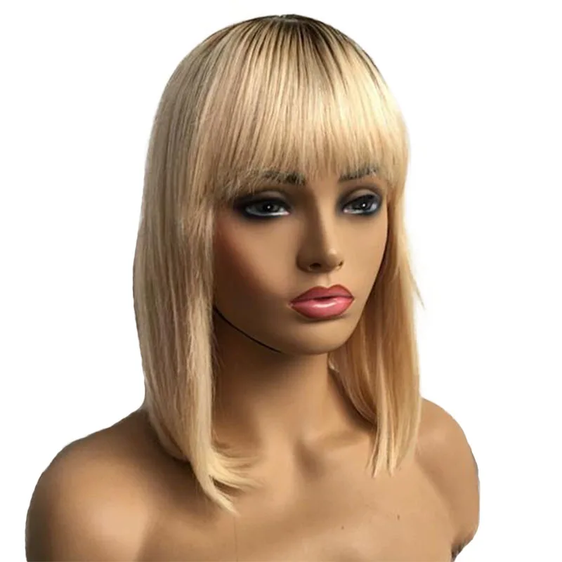 Hot Beauty Hair Blonde Straight Short Bob Human Hair Wigs With Front Bangs Double Drawn Brazilian Remy Hair Wigs for Black Women Cheap Wig (5)
