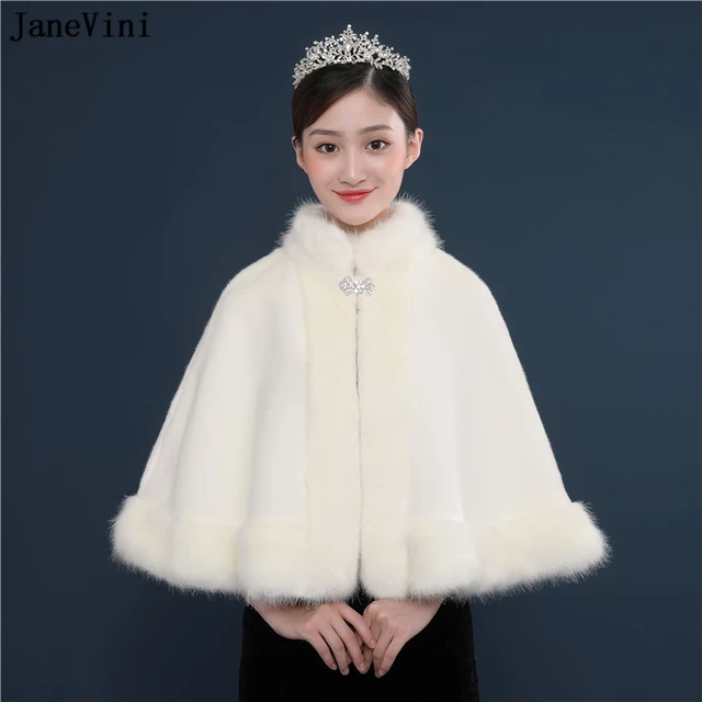 Disc JaneVini Elegant Ivory Winter Bolero Wedding Cape Bridal Faux Fur Shawls and Wraps Cloak High Neck Women Evening Party Jackets