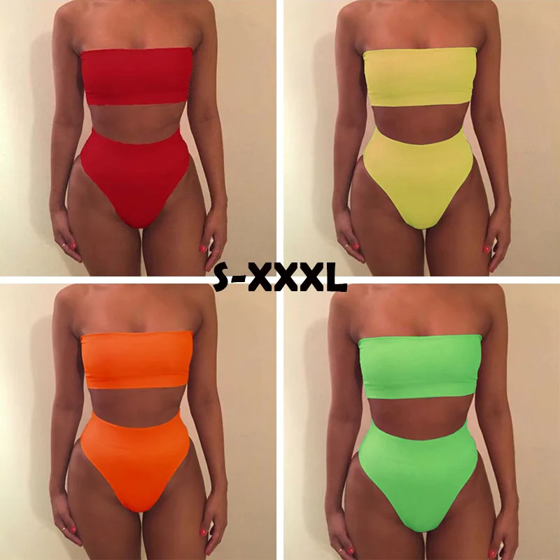 

Fashion Women Off-Shoulder Strap Neon Green Yellow Swimsuit Bandeau Bikini High Waist Beach Bathing Suit With Plus Size XL XXL