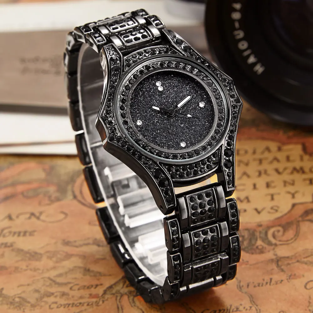 Luxury Elegant Women Watches Fashion Black Rhinestone Watch Full