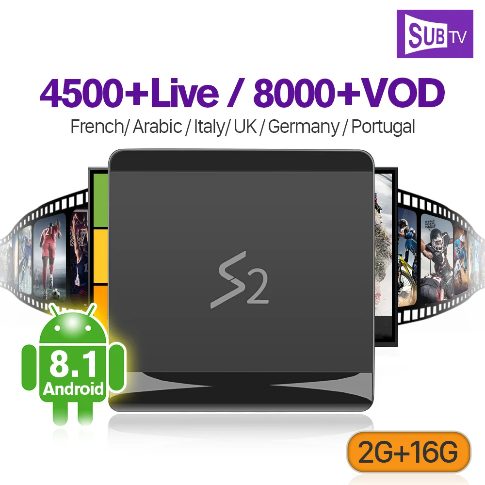 

Arabic Italy France IPTV 1 Year SUBTV S2 Android 8.1 2+16G French UK Portugal Turkish Support 4K IPTV Box Arabic France IP TV