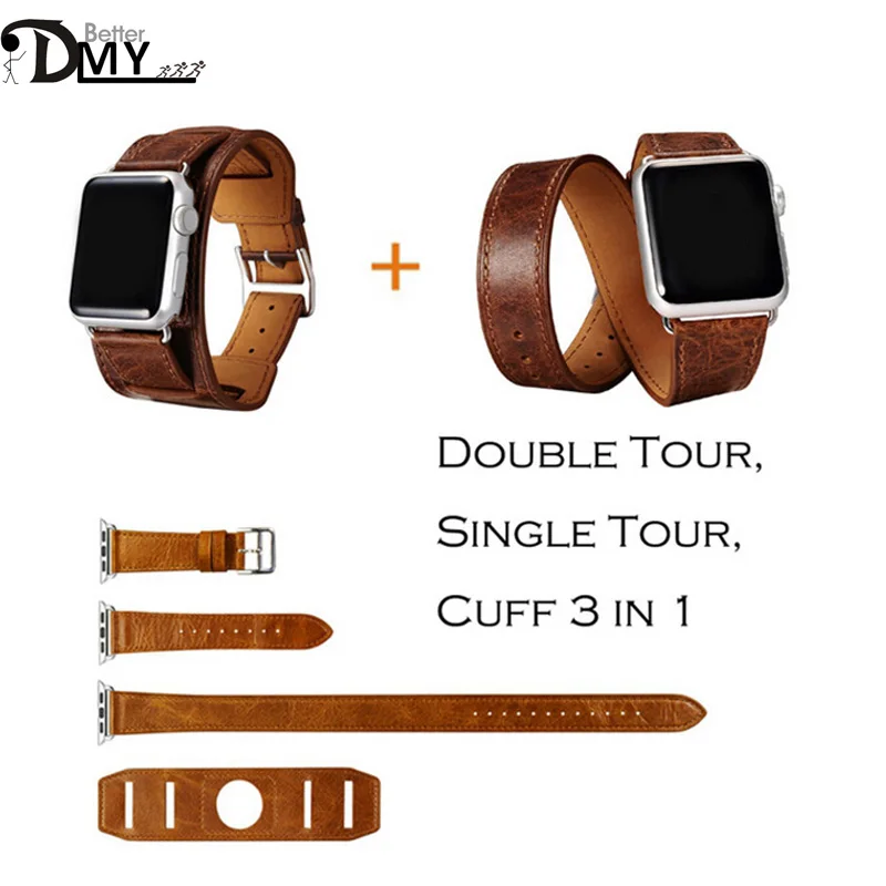 2016 Newest Single Double Tour Cuff Bracelet Leather Watchband 3 in 1 Genuine Leather Strap For