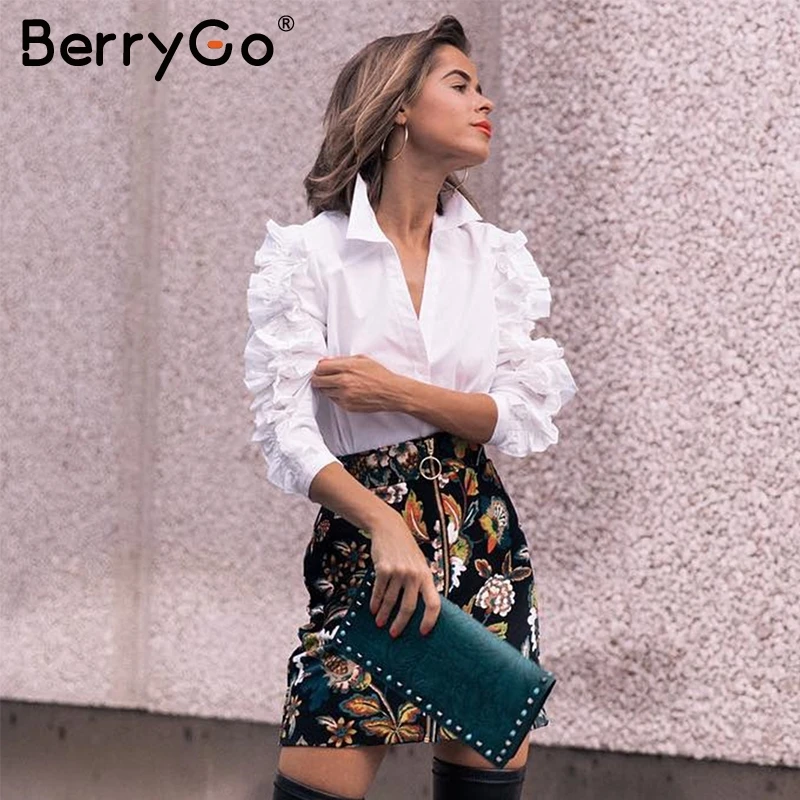 Berrygo оборками Длинные рукава белая блузка Женская Весенняя Кнопка V шеи офис