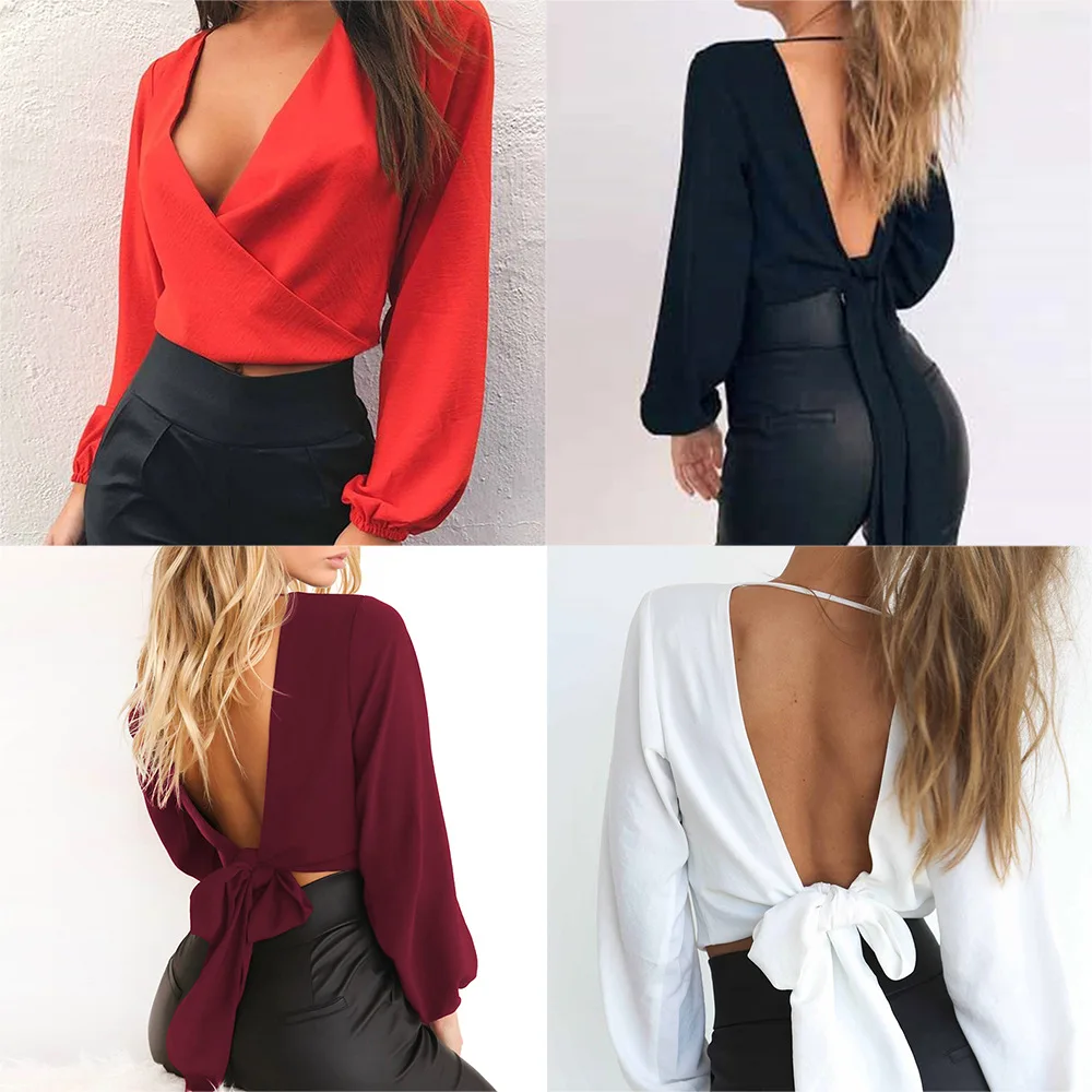 

Sexy Low-cut Cross Deep V Neck Women Crop Top Long Sleeve Backless Bandage Tied Knotted Top Shirt Black White Wine Red Crop Top