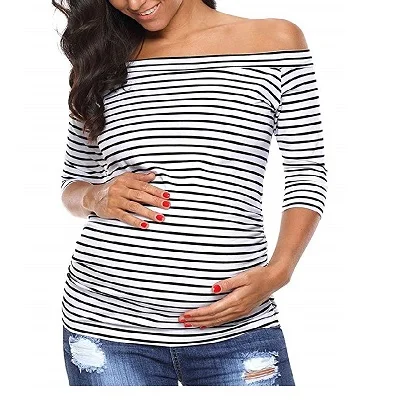 Womens Pregnancy Off Shoulder 3 Quarter Blouse Striped Top Maternity Clothes Slash Neck Pregnancy Womens Clothing ropa mujer - Цвет: pic