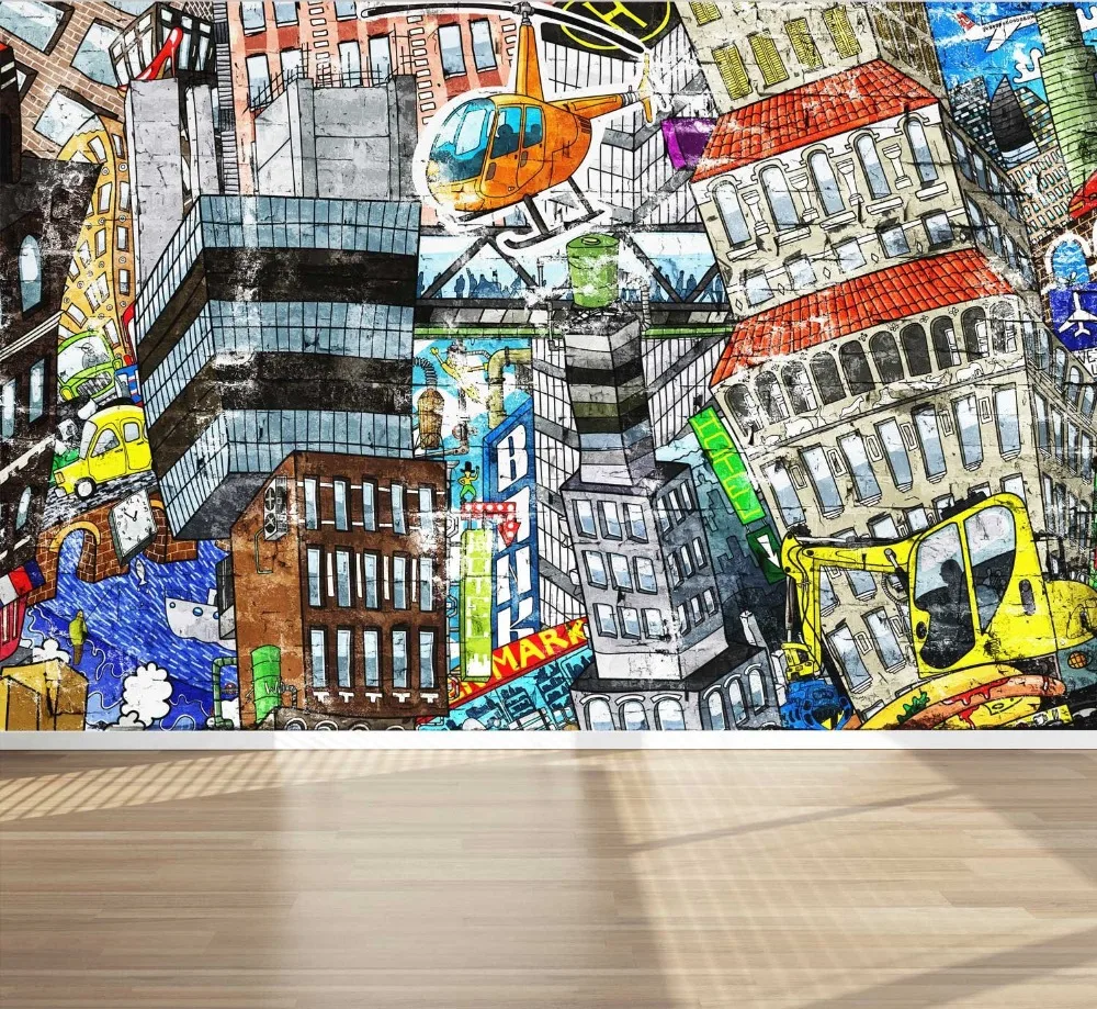 

Custom Size 3D Photo Mural Creative Graffiti City Removable Wall Papers Self-adhesive Vinyl Wall Sticker Art Home Decor Mural