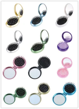 

NEW 1Pc Girls Mini Folding Comb With Mirror Portable Travel Massage Round Hair Brush Cute Makeup Mirror Multi Colors