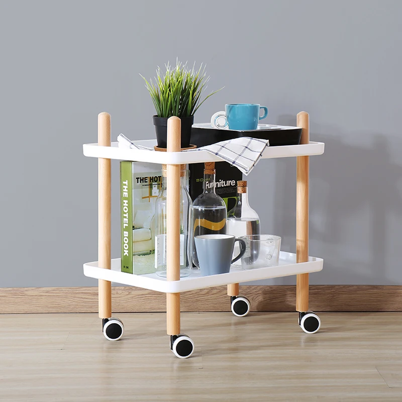 

Modern Design popular 2 Layer moving Side Table Solid Wooden Plastic Storage bedside night table multi function little cart