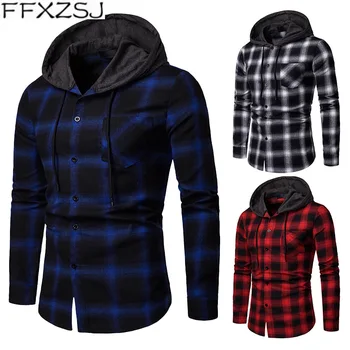 

FFXZSJ Brand 2018 men's middle-aged casual spring and autumn plaid casual hooded long-sleeved shirt European size Acetate