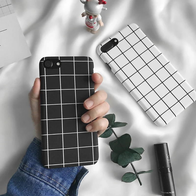 

LANCHE Hard Phone Cases For iPhone X 6 7 8 Plus simple Large Square lattice Matte Skins Covers