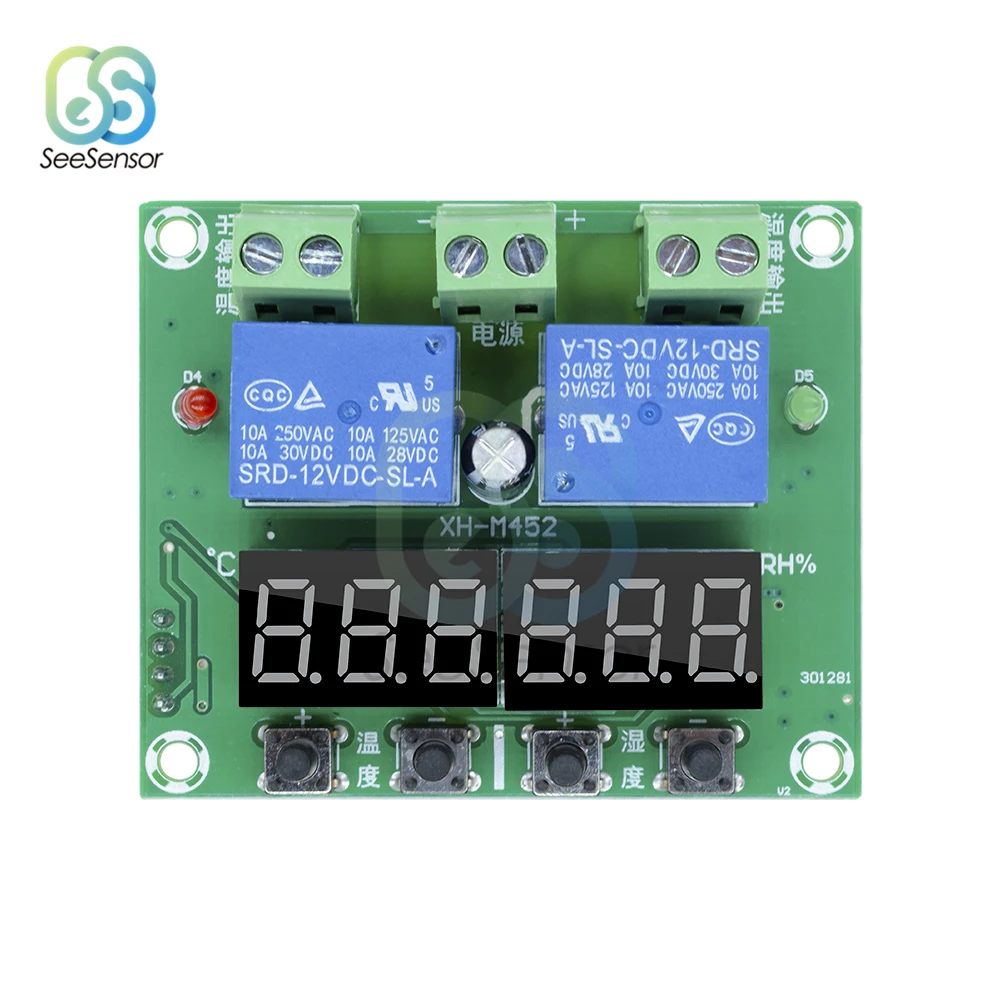XH-M452 светодиодный цифровой двойной выход термостат Температура Влажность контрольный термометр контроллер гигрометра модуль DC 12 В