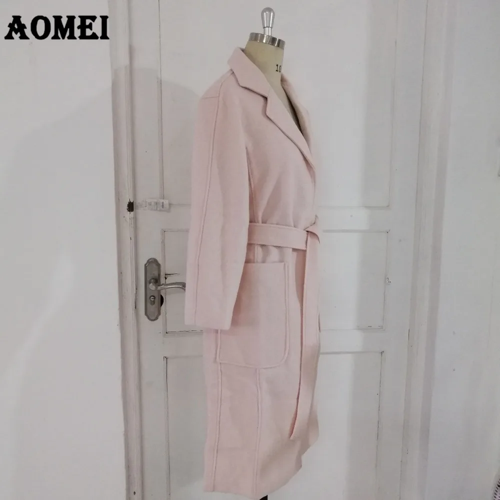 Женское розовое шерстяное пальто с поясом на талии, длинный рукав, шерстяная зимняя накидка, верхняя одежда, одежда для офиса, женская зимняя одежда