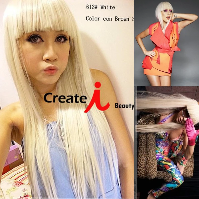 

65cm Blonde Beige Flat Bangs Synthetic Long Hair Cosplay Party Wigs Halloween Costume Wigs For Lady Gaga + Free Wig Cap