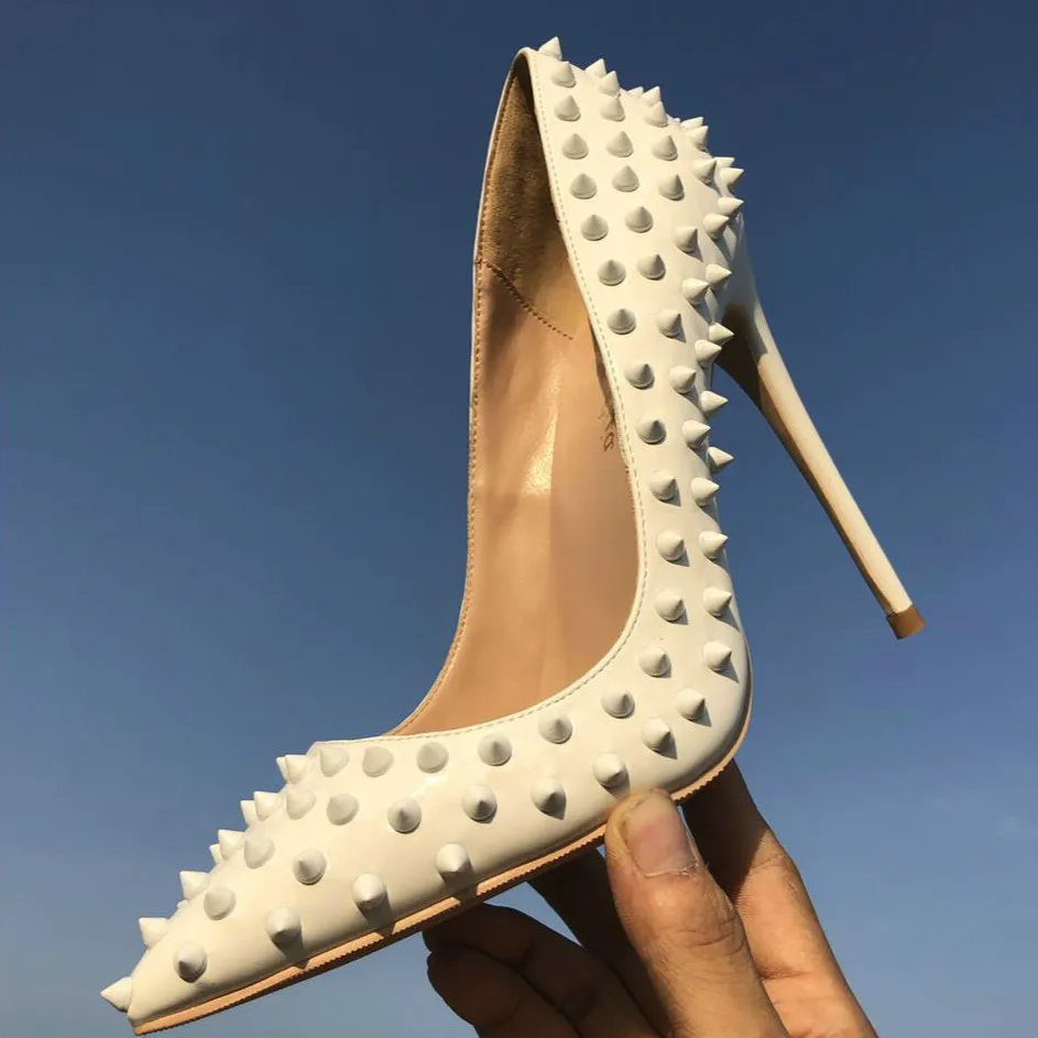 

Keshangjia White rivet PU leather high heels patent exclusive brand needle rivet shallow mouth high heels pump wave 10 cm 12cm