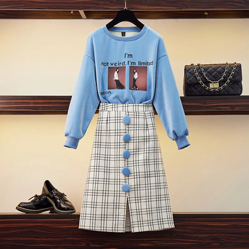 

Spring Autumn Plaid Woolen Skirt 2 Piece Set Cool Girl Portrait Print Bright Silk Pullovers Casual Sweatshirt Women Skirt Suits