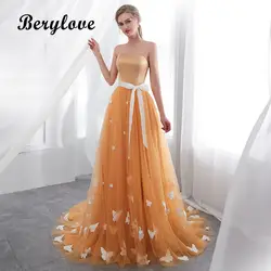 BeryLove золото платье для выпускного вечера es 2018 Аппликации Тюль платье для выпускного вечера Длинные платья для выпускного бала без бретелек