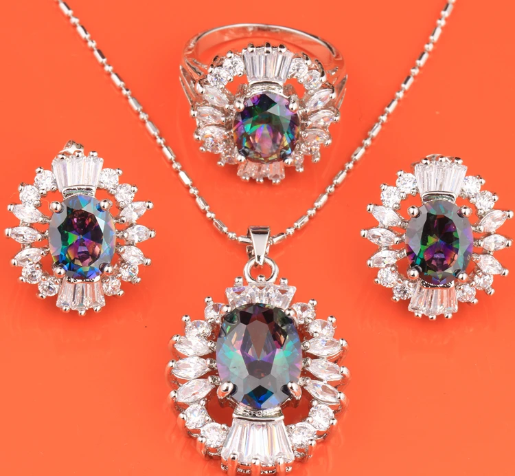 

2016 Rainbow Mystic White 925 Sterling Silver Jewelry Sets Earring Pendant Ring Size 6 7 8 9 10 Gift S8010