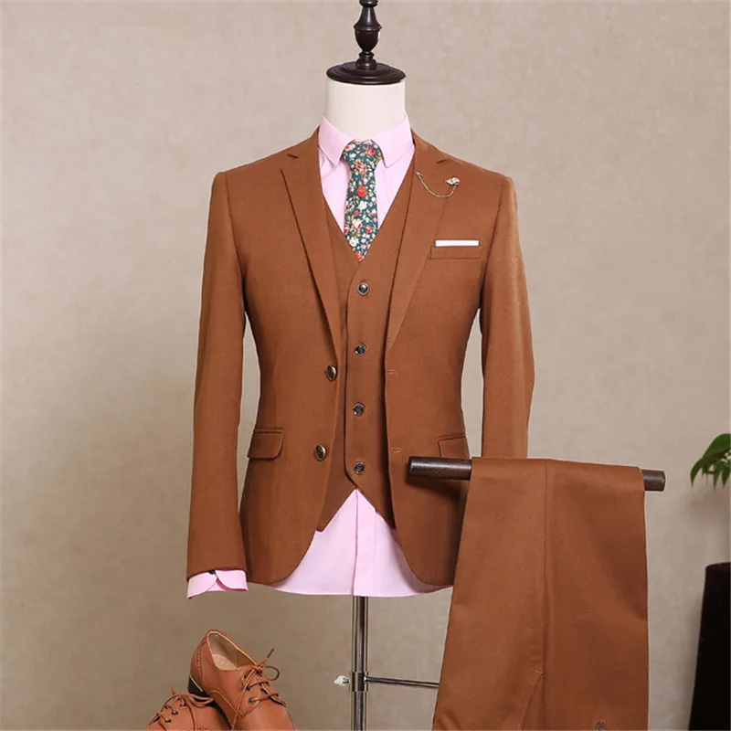 2017 Latest Coat Pant Designs Brown Khaki Men Suit Slim Fit 3 Piece ...