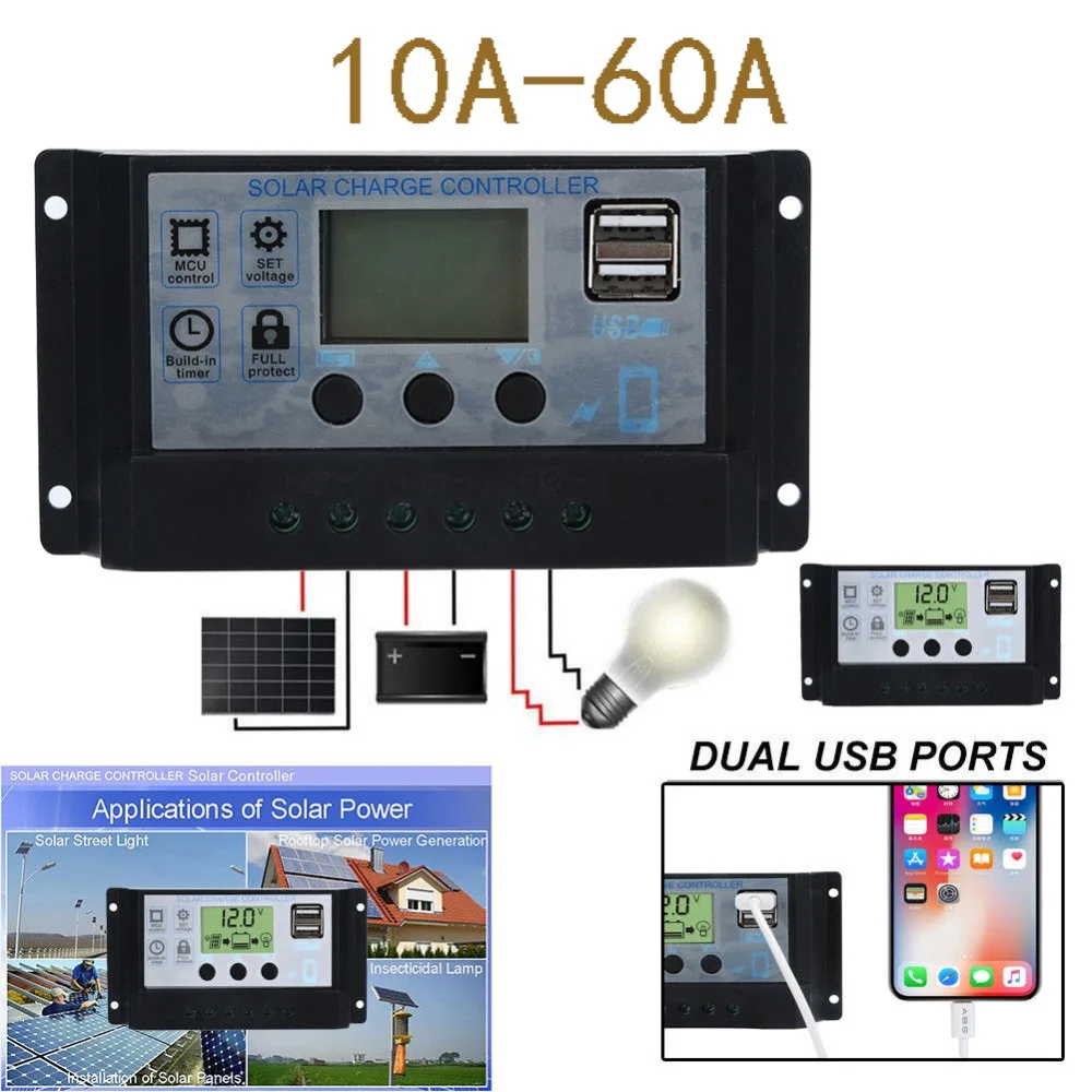 

60A/50A/40A/30A/20A/10A 12V 24V Auto Solar Charge Controller PWM With LCD Dual USB 5V Output Solar Cell Panel Regulator PV Home