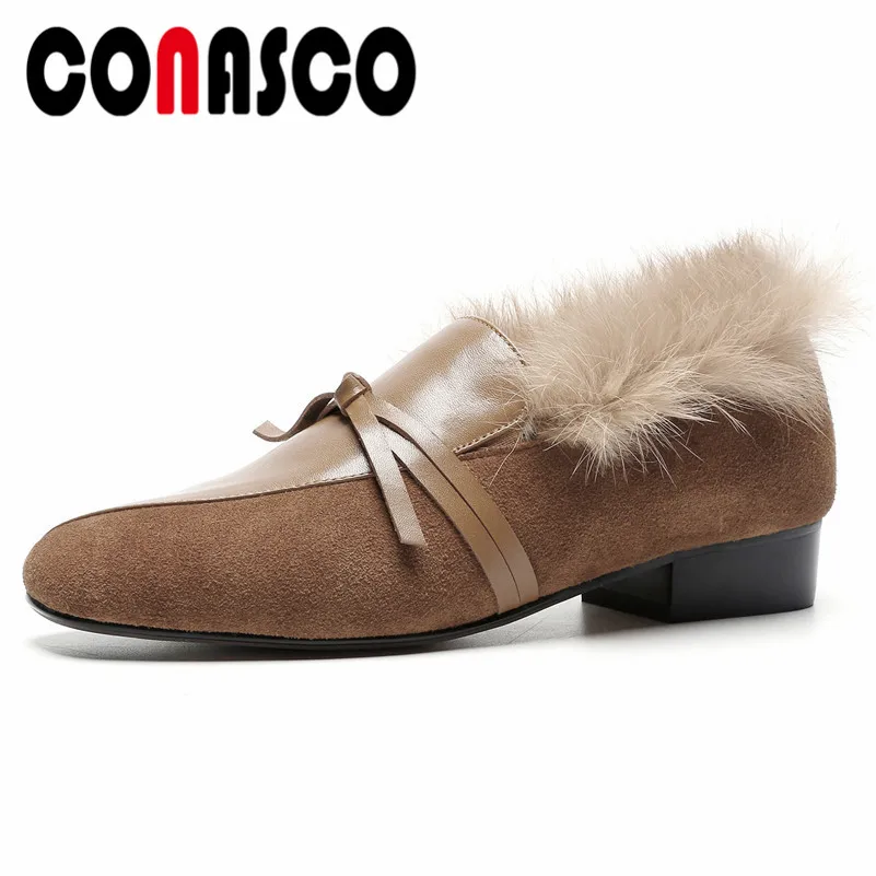 

CONASCO Retro Elegant Women Basic Pumps Fur Autumn Winter Warm Party Shoes Woman High Quality Genuine Leather Office Pumps