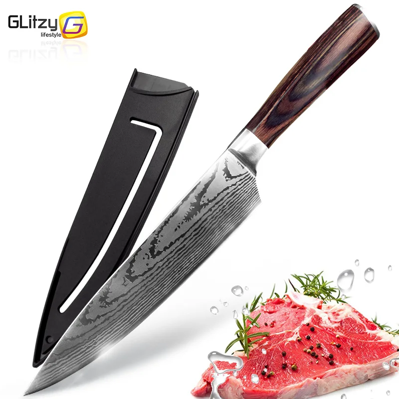Achat Couteau de cuisine 8 pouces couteaux de Chef 7CR17 440C acier inoxydable japonais à haute teneur en carbone imitation damas ponçage Laser motif Santoku