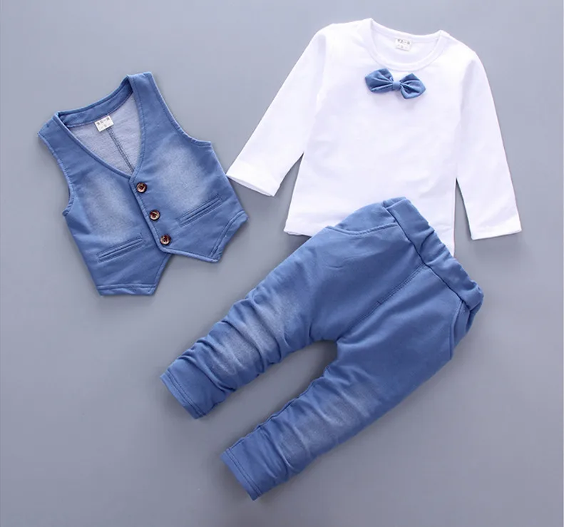 

2017 New Style Fashion Baby Boy Clothes Gentleman Party and Wedding Long Sleeve Kids Boys Cotton T Shirts Vest Pant 3 pieces set