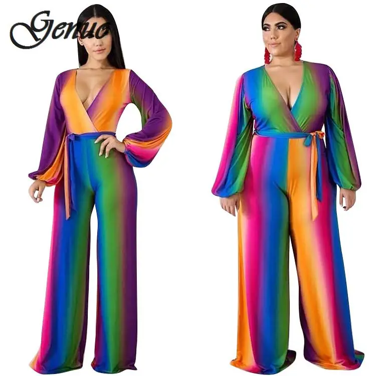 Multi Color Printed Fashion Women Streetwear Full-length Jumpsuit Sexy Deep V Neck Belted Details Wide Legs Pants Jumpsuit Multi Color Printed Fashion Women Streetwear Full-length Jumpsuit Sexy Deep V Neck Belted Details Wide Legs Pants Jumpsuit