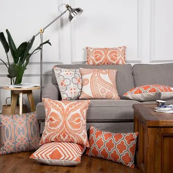 

Orange Geometric Decorative Pillows Case Flower Gray Linen Cotton Throw Pillow