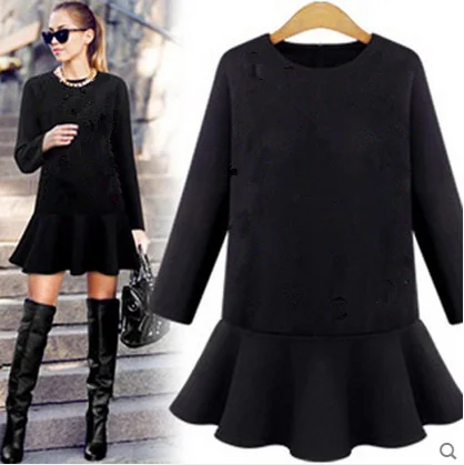 

4xl plus big size women clothing 2017 spring autumn winter korean vestidos loose thin ruffled black party dress female Y1204