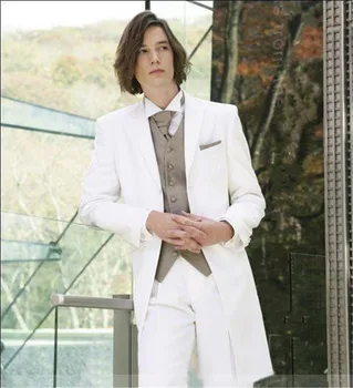 

2019 Classic Design Peaked Lapel White Long Groom Tuxedos Men's Wedding Dress Prom Clothing ( jacket+Pants+vest+tie)