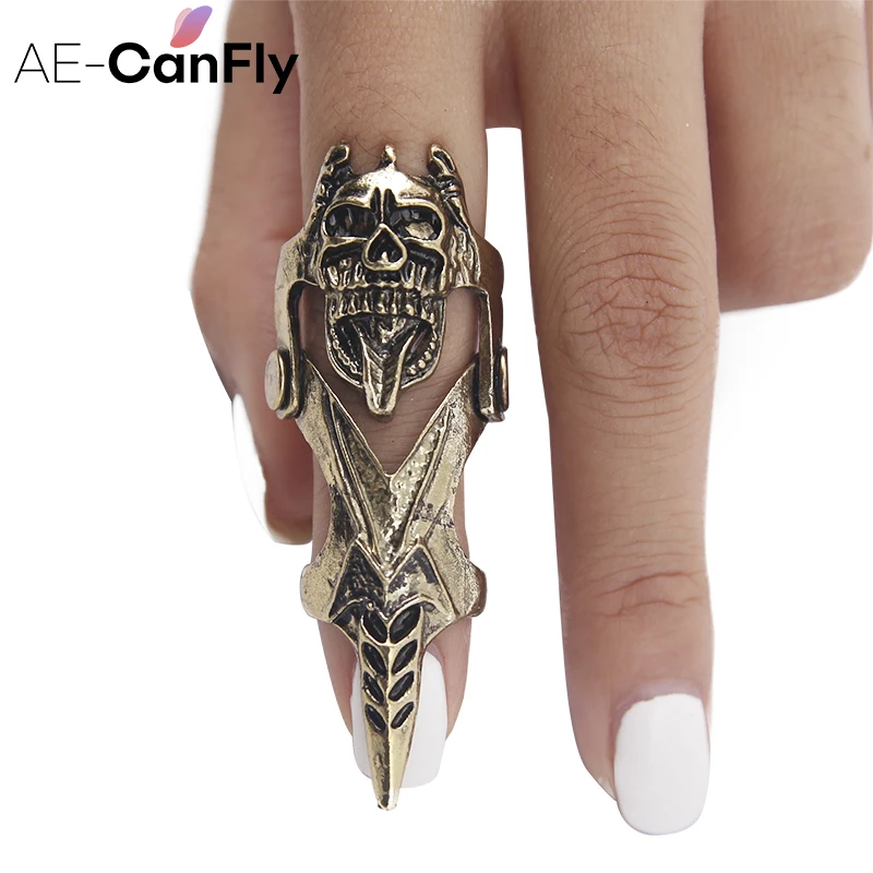 

AE-CANFLY Retro Personality Punk Skull Ring Vintage Antique Silver Statement Skeleton Knuckle Rings for Women 2D3009