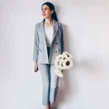 Lattice Women Korean Version British Antique Striped Pant Female Grid Women Suit Femme Fashion Long Pant Suit