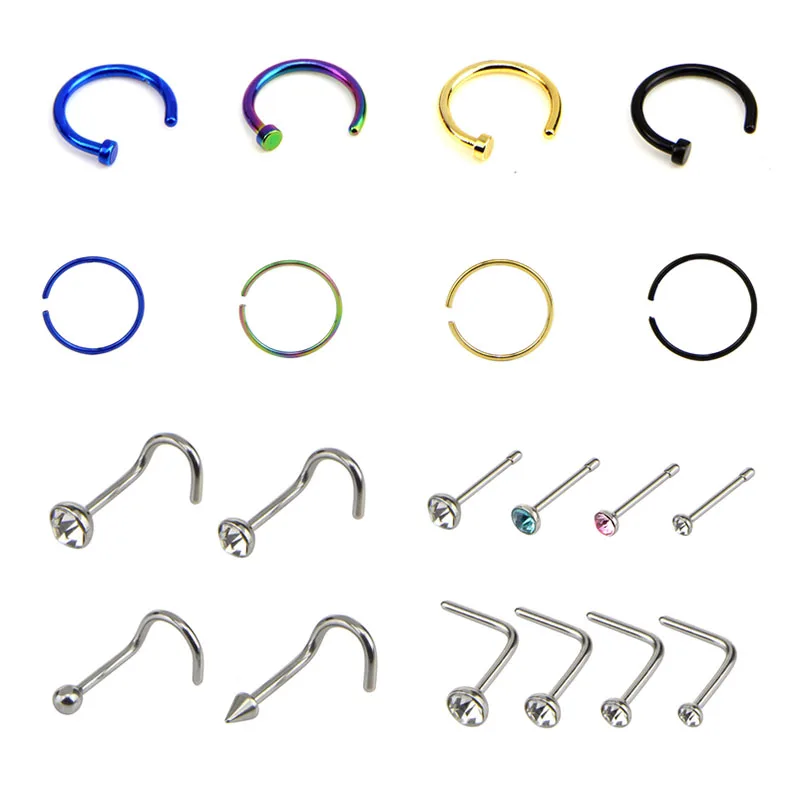 20Pcs/Set Crystal Nose Ring & Studs Body Jewelry Stainless Surgical Steel Nose Piercing Women Girl Fashion
