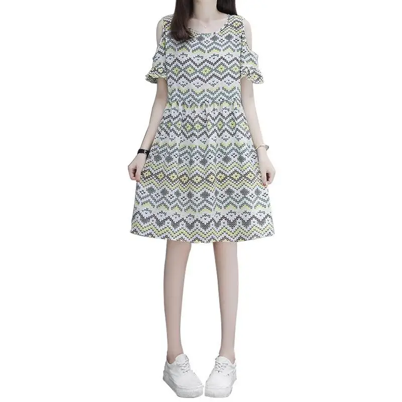 Yiwa Stripe Printing Loose Dress Woman Waisted Dress Short Sleeves Off-the-shoulder Breathable Resistant Women's Clothing Dress