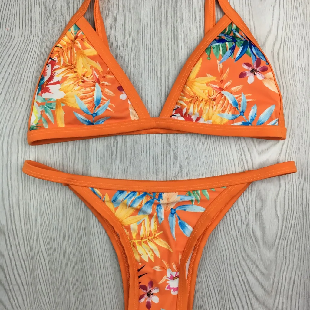 Women's Sexy Print Halter Orange triangle brazilian Bathing Beachwear