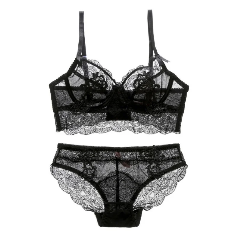 

2019 Fashion Floral Lace Female Intimates Ultrathin Cup Cotton-free Breathable Women Bra Set Transparent Bras Panties