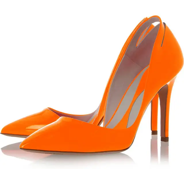 Orange Patent Leather Mature Pumps Women Shoes Pointed Toe Ladies