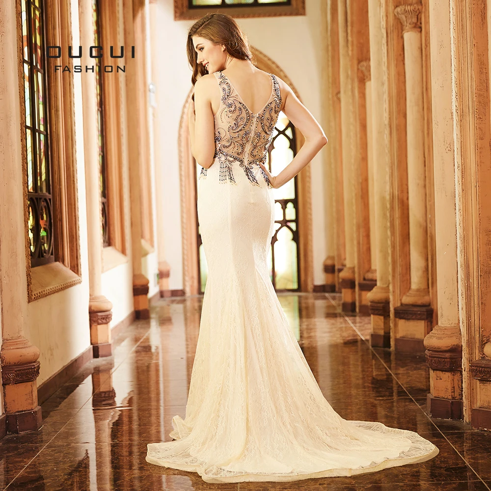

Champagne Tank Backless Sexy Elegant Lace Evening Dresses Beading Tassel Illusion long party dress Mermaid Gowns 2019 OL103267