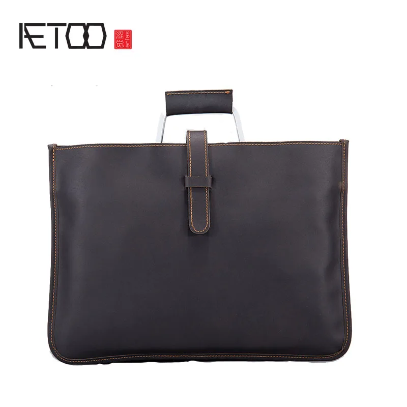 

AETOO New leather professional business handbag retro crazy horse skin shoulder bag cross package ultra-thin computer file envel