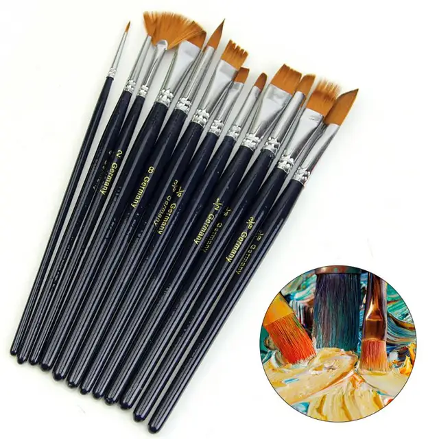 12X Artist Paint Brush Set Nylon Hair Watercolor Acrylic Oil Painting